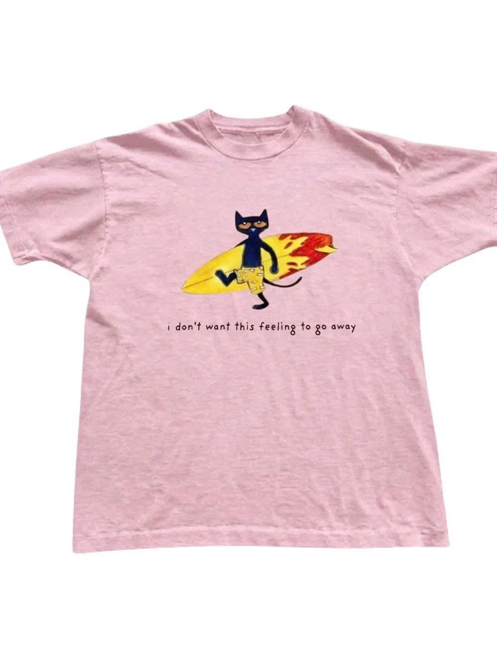 Pink Tee with Surfing Cat Graphic
